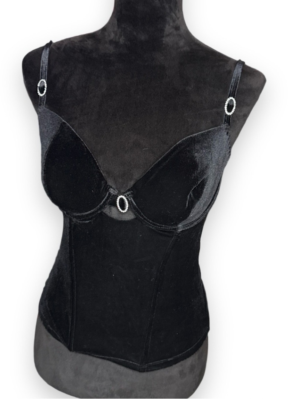 Secret Treasures Black Velvet Longline Bustier with Rhinestone Accents
